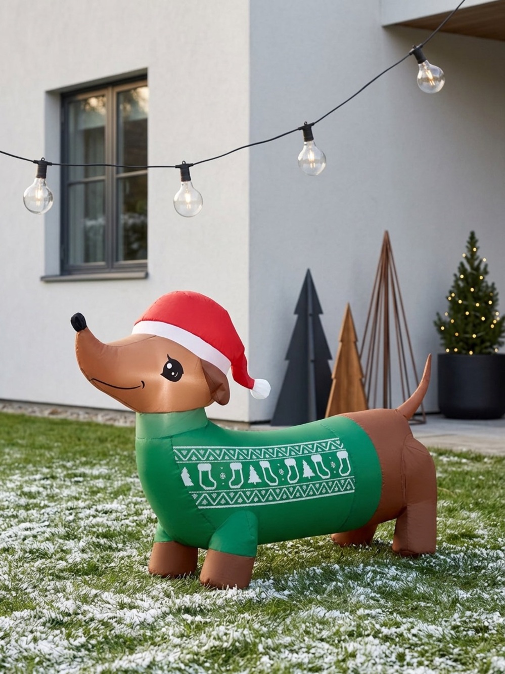Gemmy Christmas Inflatable 4 Ft Dachshund Weiner Dog Santa Hat Green Sweater LED